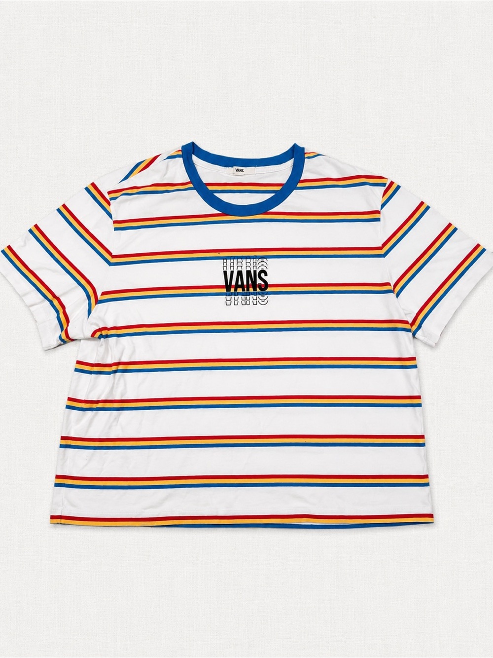 Vans White Short-Sleeve Striped Ringer Tee with Blue Collar